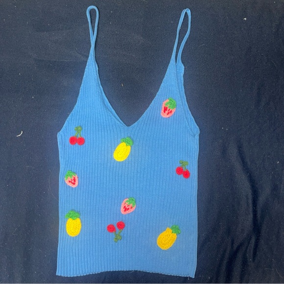 ZARA EMBROIDERED FRUIT KNIT TANK TOP BLUE STRETCHY Sz S - Picture 6 of 6